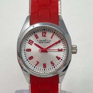 Caravelle Watch Women Silver Tone 24mm Red Silicone Band New Battery 2016 8.5"